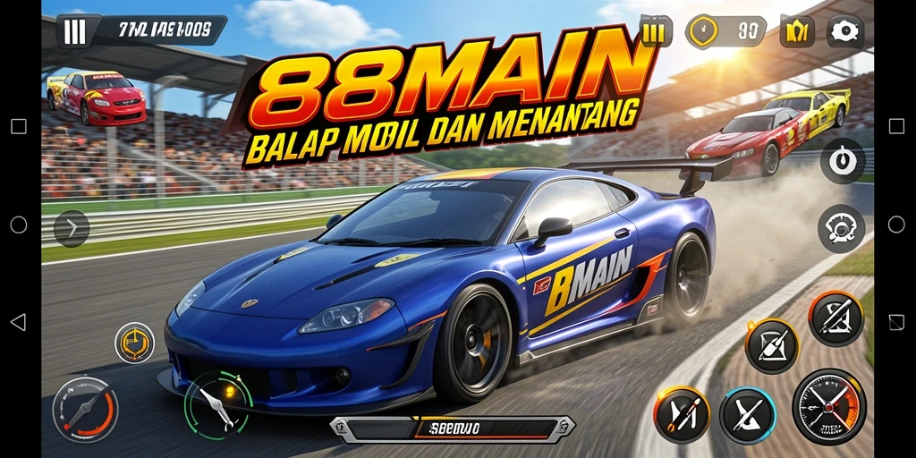 Tampilan gameplay seru dalam 88MAIN dengan mobil balap yang menakjubkan.