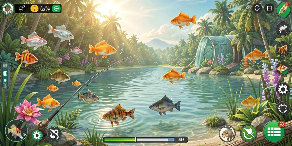 Gameplay memancing seru di ABC33 dengan pemandangan laut yang indah.
