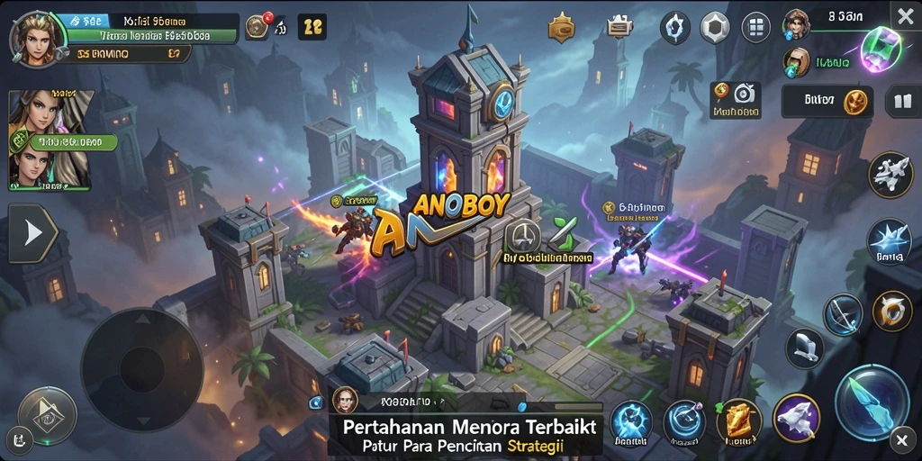 Tampilan gameplay ANOBOY yang seru dalam melindungi menara.