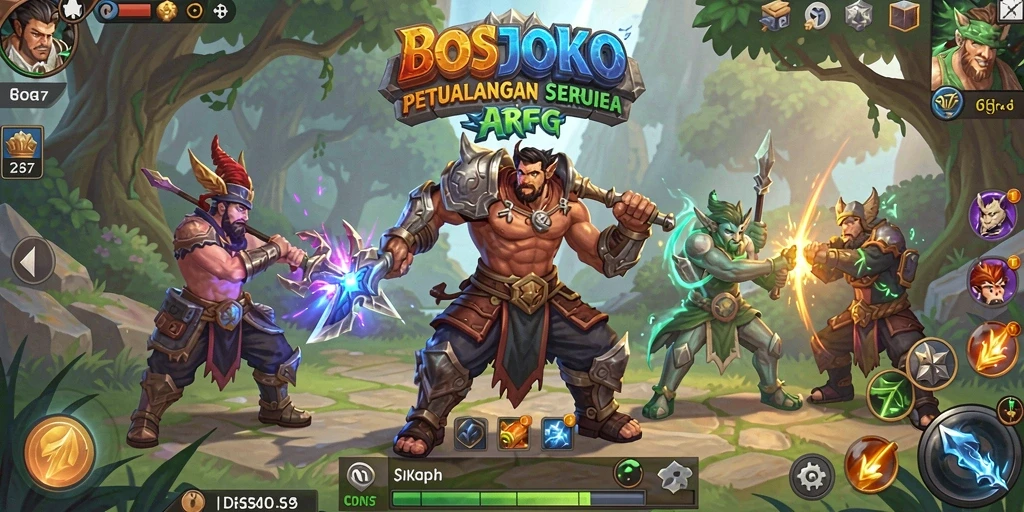 Screenshot gameplay BOSJOKO yang menampilkan pertempuran seru.