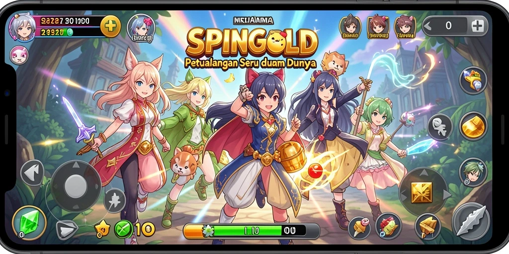 Tampilan gameplay SPINGOLD yang penuh warna dan karakter menarik.